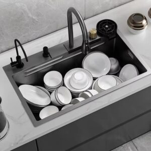 Anti-Scratch Honeycomb Kitchen Sink with Waterfall & Pull-Down Faucet – 24×18×9