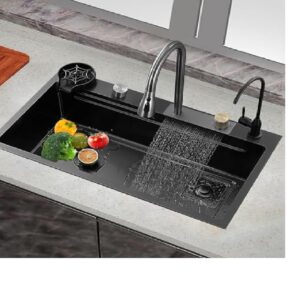 Premium 304-Grade Waterfall Kitchen Sink – 37×18×9, Honeycomb Black