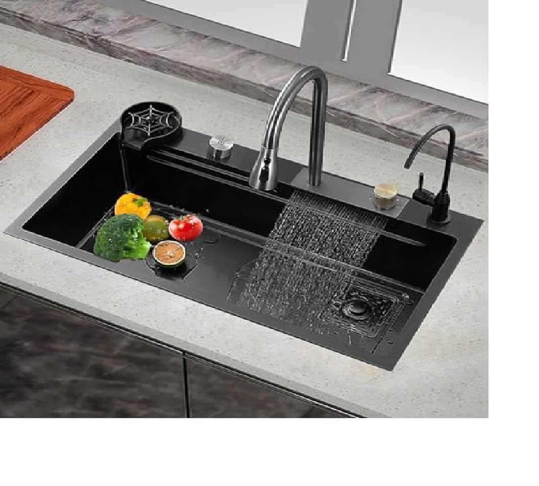 Premium 304-Grade Waterfall Kitchen Sink – 37×18×9, Honeycomb Black