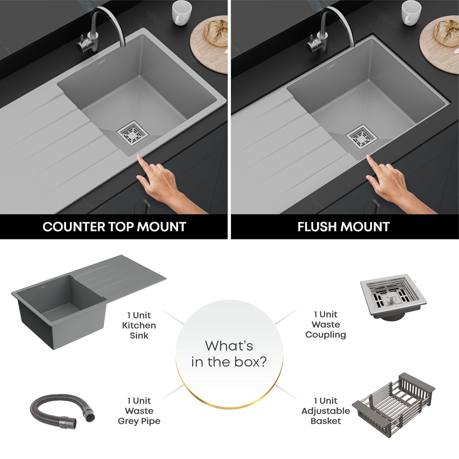 Quartz Single Bowl Kitchen Sink with Drainer Board – Grey Metallic - Image 3