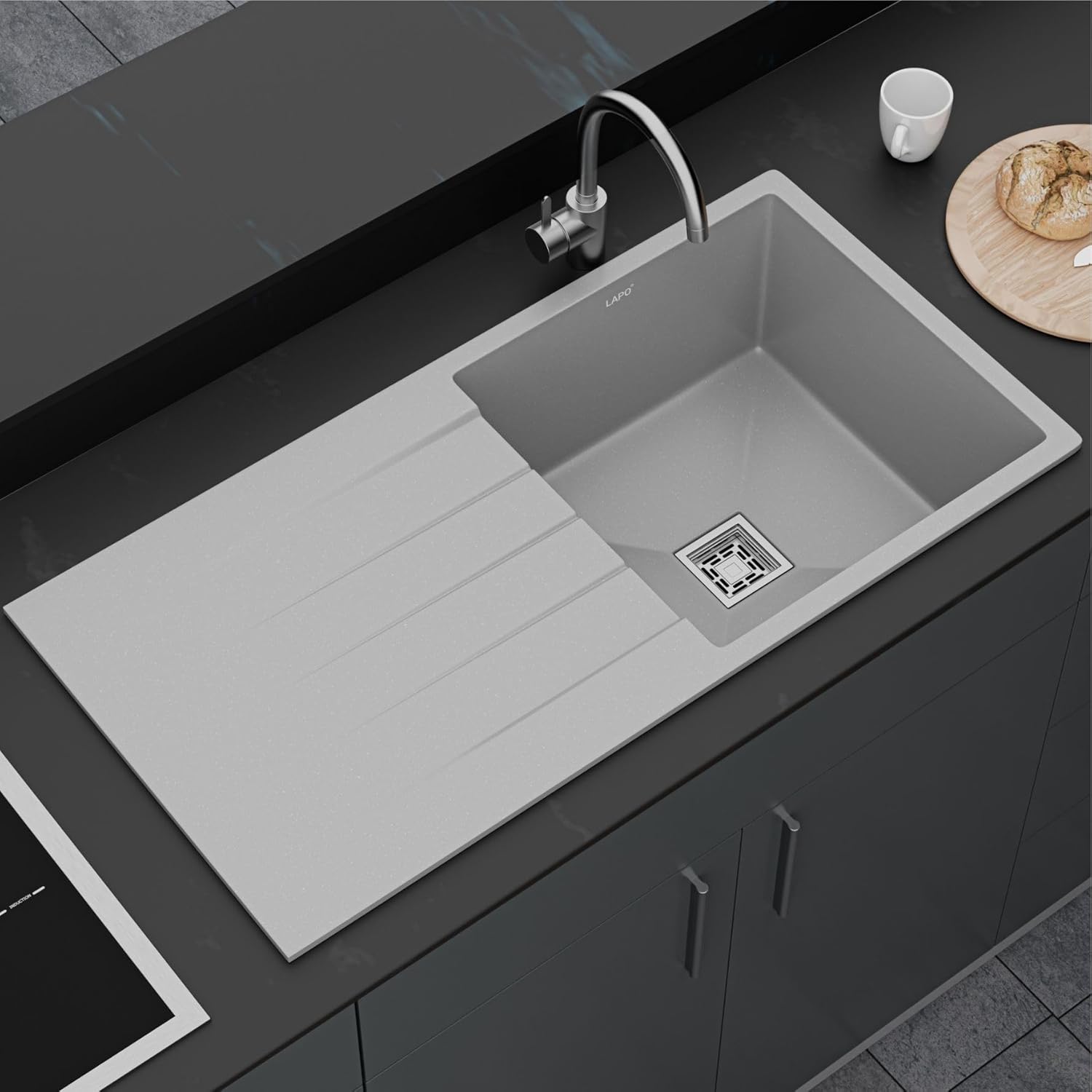 Quartz Single Bowl Kitchen Sink with Drainer Board – Grey Metallic